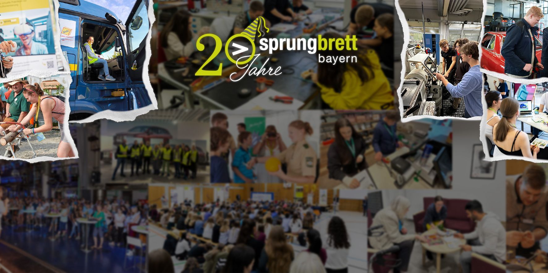 Das Bild zeigt eine Collage mit Fotos aus verschiedenen sprungbrett Veranstaltungen. Zu sehen sind Jugendliche bei verschiedenen beruflichen Tätigkeiten.