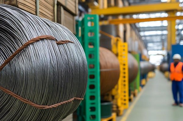 Beruf des Monats Metallbauer Große Spulen mit Metalldraht in industrieller Umgebung – grün-gelbe Halterungen, Maschinen im Hintergrund, Person mit Helm und Warnweste.