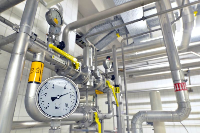 Nahaufnahme einer Industrieanlage mit einem Rohrsystem und einer analogen Druckanzeige.