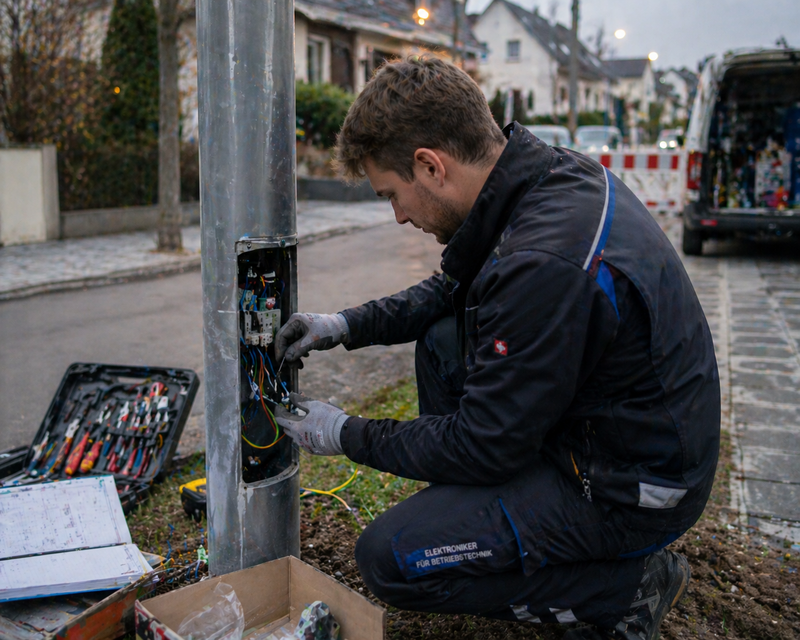 Elektroniker arbeitet an einem geöffneten Anschlusskasten eines Laternenpfahls.