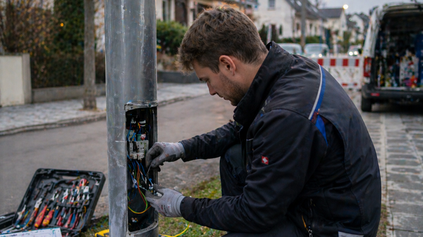 Elektroniker arbeitet an einem geöffneten Anschlusskasten eines Laternenpfahls. 
