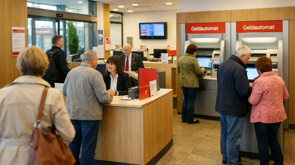 Innenaufnahme einer Bankfiliale. Mehrere Kunden sind im Gespräch mit Beraterinnen. Weitere Kunden stehen an Geldautomaten.