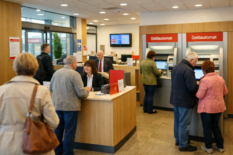 Innenaufnahme einer Bankfiliale. Mehrere Kunden sind im Gespräch mit Beraterinnen. Weitere Kunden stehen an Geldautomaten.
