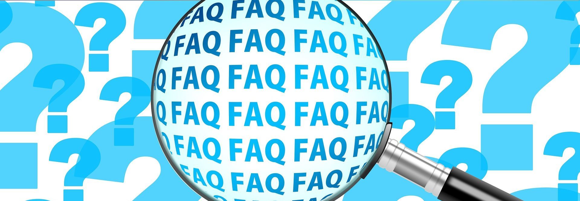 Blaue Fragezeichen und das Wort "FAQ" mit einer Luper hervorgehoben.