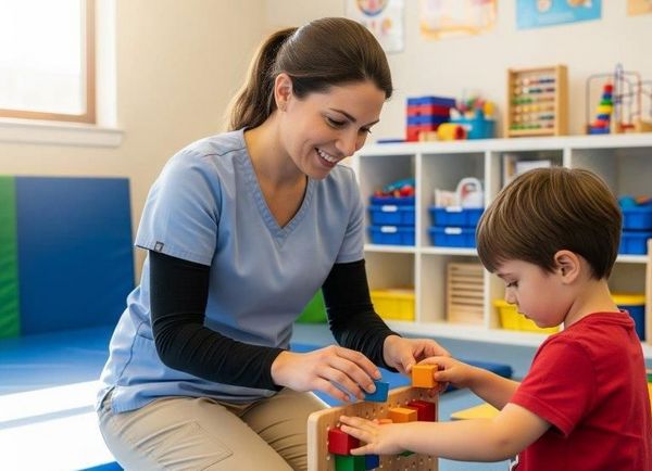 Eine Ergotherapeutin kniet auf dem Boden und hilft einem kleinen Jungen beim Spielen mit einem Holzspielzeug. Im Hintergrund sind Regale mit Spielzeug und Lernmaterialien sowie Informationsplakate an der Wand zu sehen.