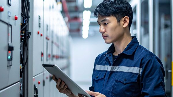 Elektroniker bei der Überprüfung