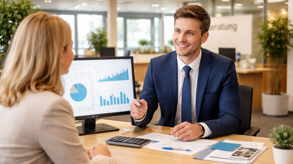 Ein junger Kundenberater im Anzug sitzt an einem Tisch und ist im Beratungsgespräch mit einer Kundin. Ein Monitor auf dem Tisch zeigt verschiedene Grafiken und Statistiken.