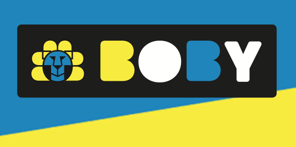 Boby Logo auf gelb blauen Hintergrund.