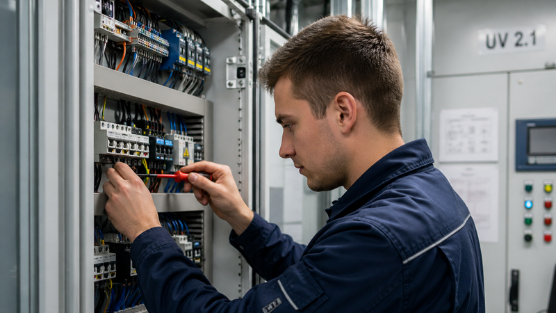 Elektroniker prüft einen geöffneten Schaltschrank in einem Technikraum.