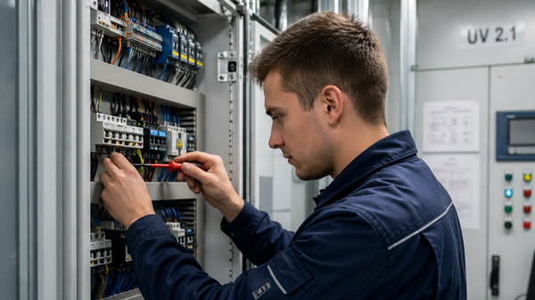 Elektroniker prüft einen geöffneten Schaltschrank in einem Technikraum.