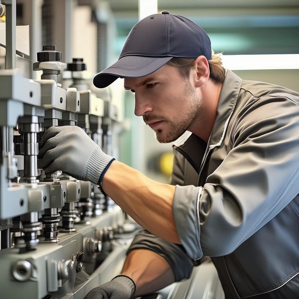 Mann mit Arbeitskleidung und Handschuhen arbeitet an einer Industriemaschine.