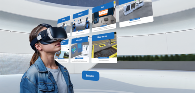 Person mit VR-Headset interagiert mit virtueller Oberfläche zu verschiedenen Berufsfeldern.