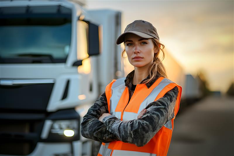 Eine Frau trägt eine orange reflektierende Sicherheitsweste und eine Mütze und steht mit verschränkten Armen vor einem großen weißen LKW. Im Hintergrund ist eine verschwommene Ansicht eines weiteren LKWs und der Himmel bei Sonnenuntergang zu sehen.