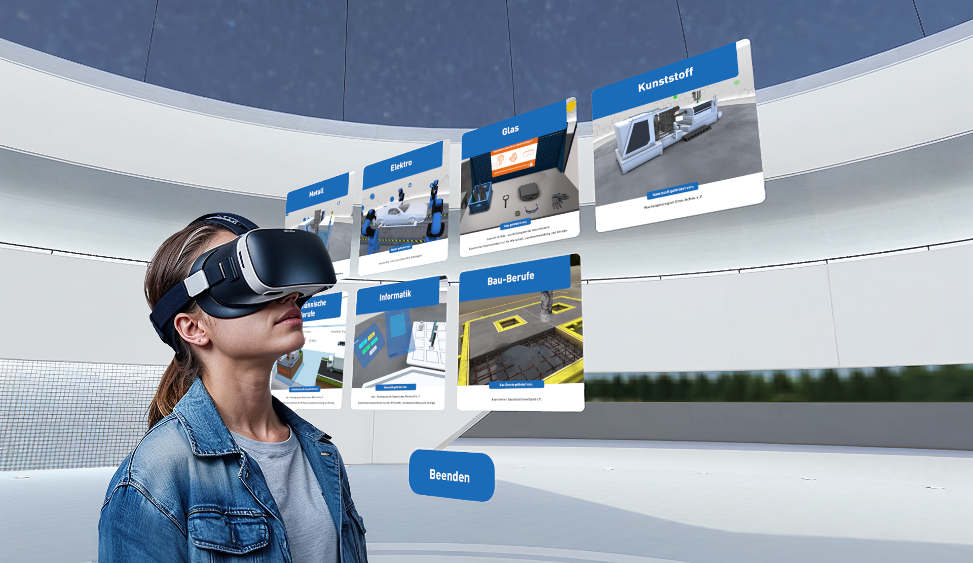Person mit VR-Headset interagiert mit virtueller Oberfläche zu verschiedenen Berufsfeldern.
