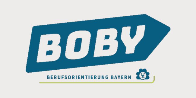 Boby Logo auf gelb blauen Hintergrund.