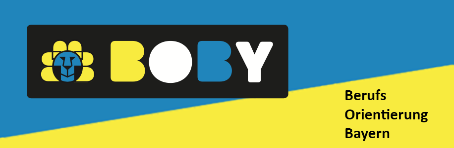 Boby Logo auf gelb blauen Hintergrund.