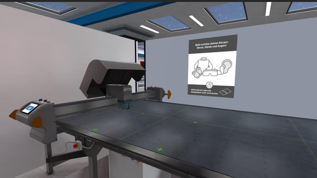 Blick in die virtuelle Werkhalle mit Maschine der Glasindustrie.